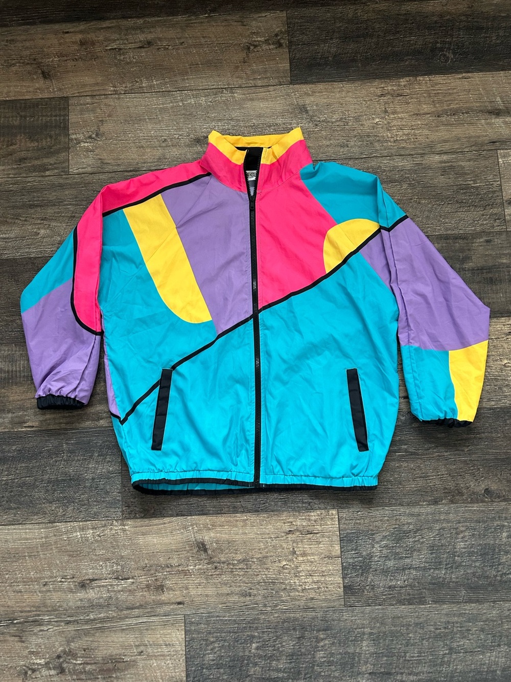 Vintage Funny Guy Mugs 80s 90s Color Block Windbreaker Jacket Teal Pink Small
